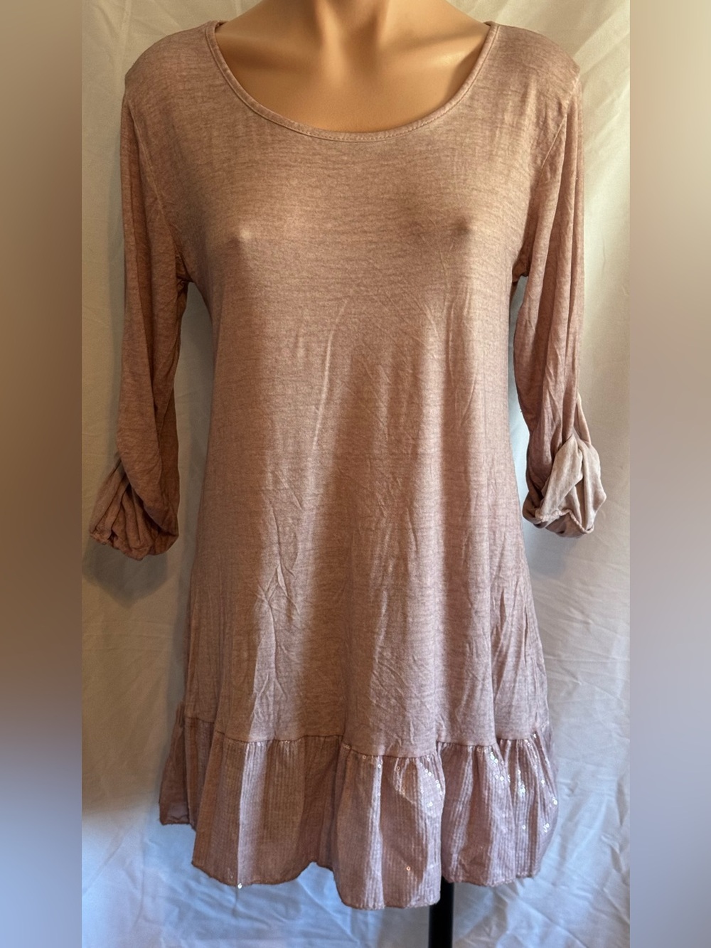 Light Mauve With aFun opaque Sequin Ruffle Hem Tunic Dress